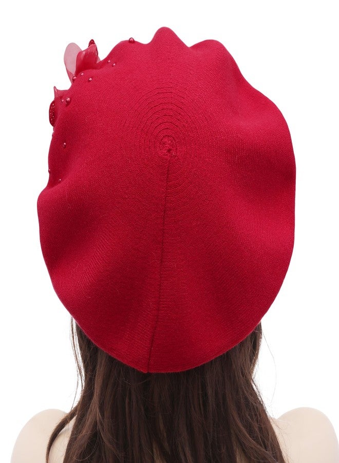ZLYC Womens French Beret hat, Reversible Solid Color Cashmere Mosaic Warm Beret Cap for Girls, Butterfly Red, One size - Image 3