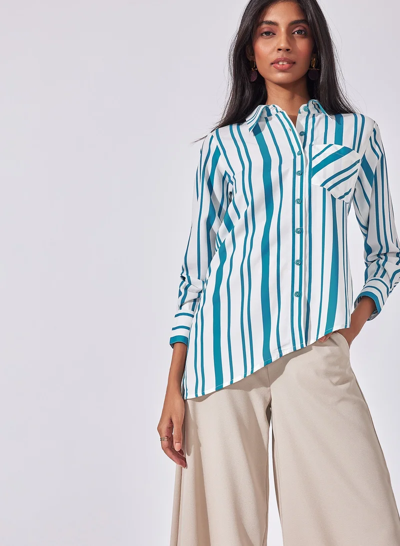 The Label Life Striped Asymmetric Button-Down Shirt