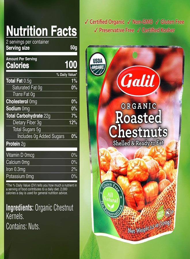 Galil Organic Roasted Chestnuts - Shelled & Ready to Eat - Gluten Free, Vegan, Organic, Non-GMO, Kosher Snacks - Great for Baking, Cooking & Turkey Stuffing 3.5oz Bag - Image 2