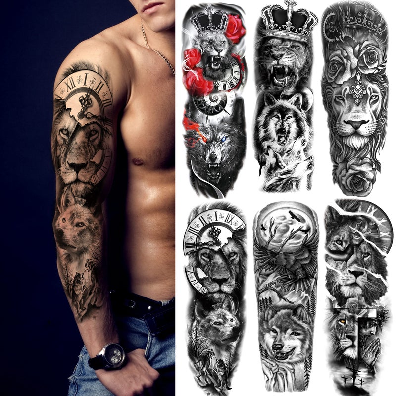 Kotbs 6 Sheets Realistic Lion King Long Full Temporary Tattoos for Women Men Kids Adults, Large Wolf Animal Fake Temporary Tattoo Sleeves Waterproof Leg Arm Temp Tatoos Fake Tattoos - Image 1