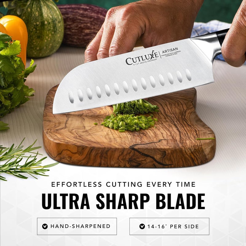 Cutluxe Santoku Knife – 7" Chopping Knife, Vegetable Knife – Forged High Carbon German Steel – Sheath Included – Full Tang & Razor Sharp – Ergonomic Handle Design – Artisan Series - Image 3