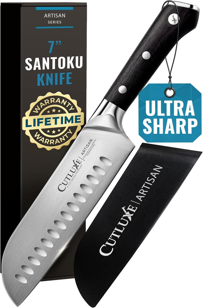 Cutluxe Santoku Knife – 7" Chopping Knife, Vegetable Knife – Forged High Carbon German Steel – Sheath Included – Full Tang & Razor Sharp – Ergonomic Handle Design – Artisan Series - Image 1