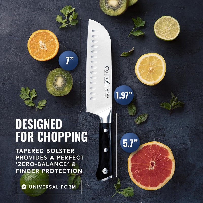Cutluxe Santoku Knife – 7" Chopping Knife, Vegetable Knife – Forged High Carbon German Steel – Sheath Included – Full Tang & Razor Sharp – Ergonomic Handle Design – Artisan Series - Image 5