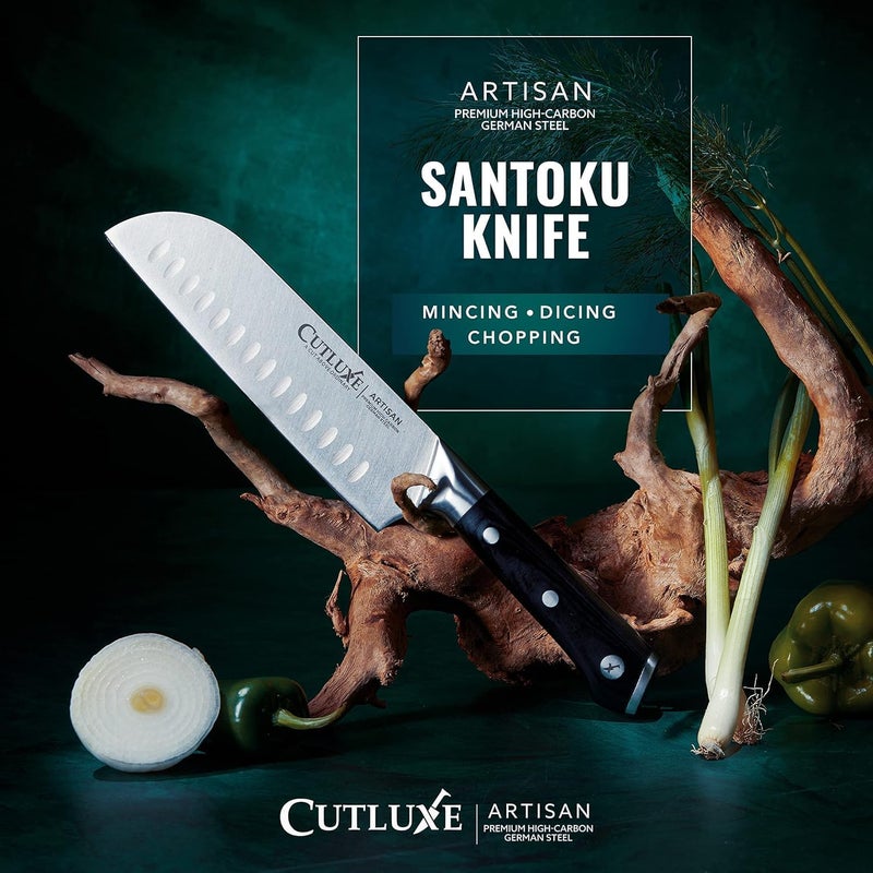 Cutluxe Santoku Knife – 7" Chopping Knife, Vegetable Knife – Forged High Carbon German Steel – Sheath Included – Full Tang & Razor Sharp – Ergonomic Handle Design – Artisan Series - Image 4
