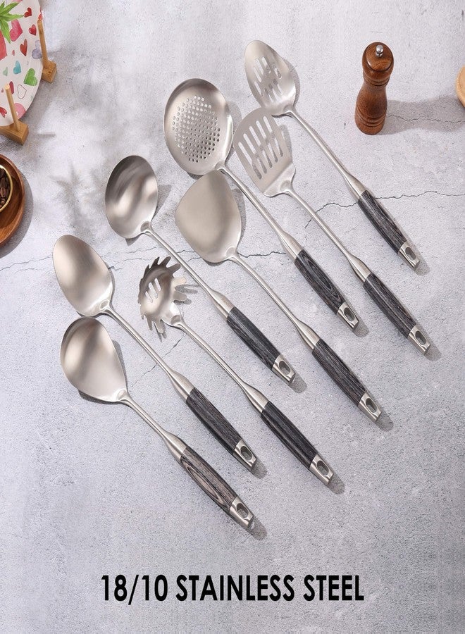 Standcn 18/10 Stainless Steel Kitchen Utensils Set with Wooden Handle, 8Pcs 15” Long Cooking Utensil Set & Kitchen Gadgets Cookware Set, Serving Utensils-Spatula, Tunner, Pasta, Serving Spoon, Skimmer, Ladle - Image 4