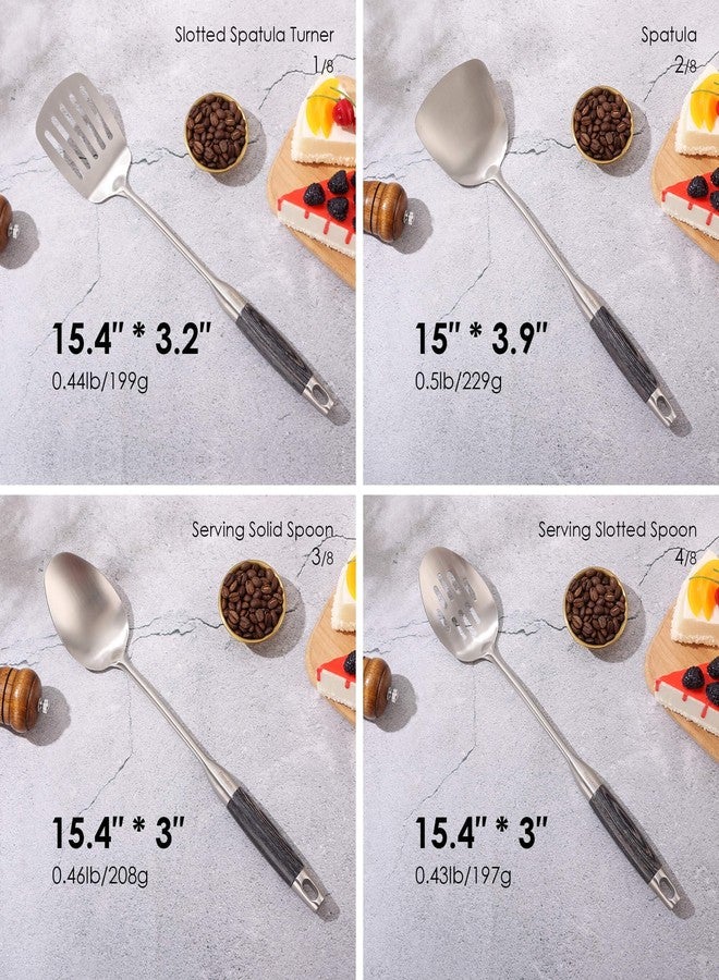Standcn 18/10 Stainless Steel Kitchen Utensils Set with Wooden Handle, 8Pcs 15” Long Cooking Utensil Set & Kitchen Gadgets Cookware Set, Serving Utensils-Spatula, Tunner, Pasta, Serving Spoon, Skimmer, Ladle - Image 2