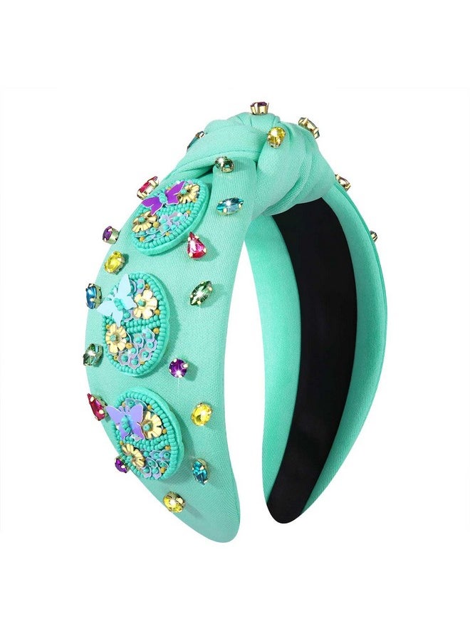 Boderier Easter Headbands For Women Girls Happy Easter Bunny Headband Crystal Jeweled Embellished Wide Knotted Headband Spring Holiday Easter Accessories (Easter Eggs-Green) 