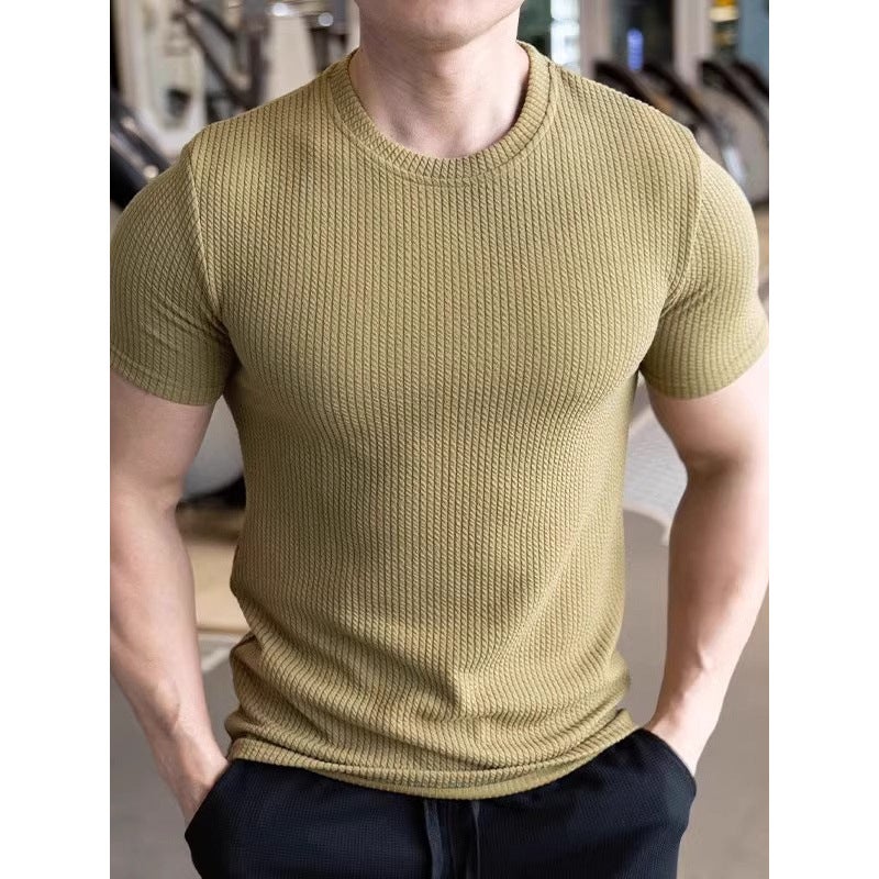 Small Round Neck Thin Short-Sleeved T-Shirt For Men 2025 Summer Tough Guy Fitness Sports T-Shirt Slim Elastic Bottoming Shirt - Image 5