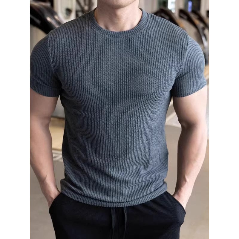 Small Round Neck Thin Short-Sleeved T-Shirt For Men 2025 Summer Tough Guy Fitness Sports T-Shirt Slim Elastic Bottoming Shirt - Image 4