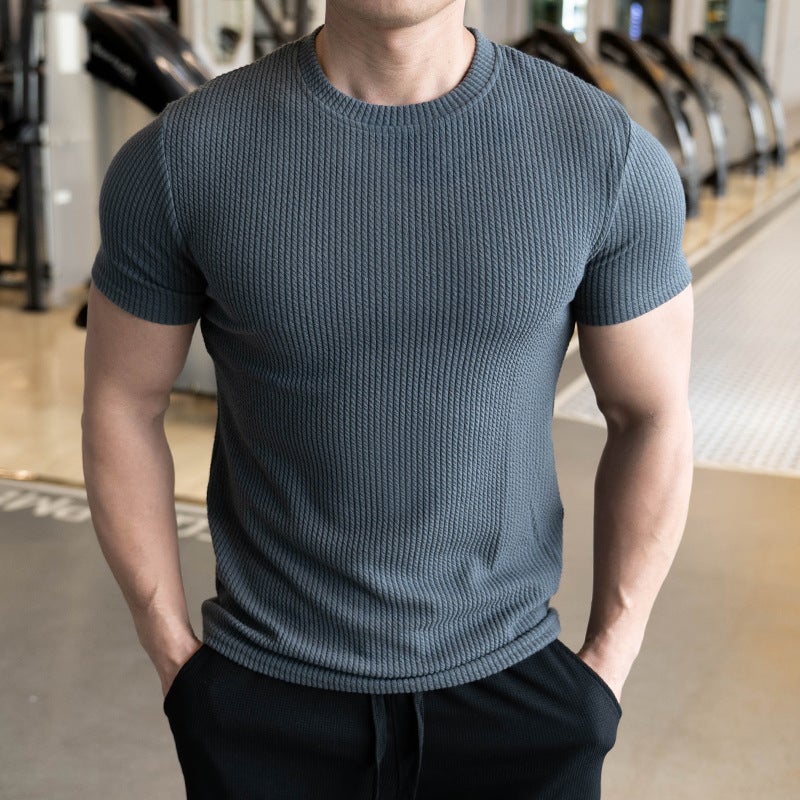 Small Round Neck Thin Short-Sleeved T-Shirt For Men 2025 Summer Tough Guy Fitness Sports T-Shirt Slim Elastic Bottoming Shirt - Image 1