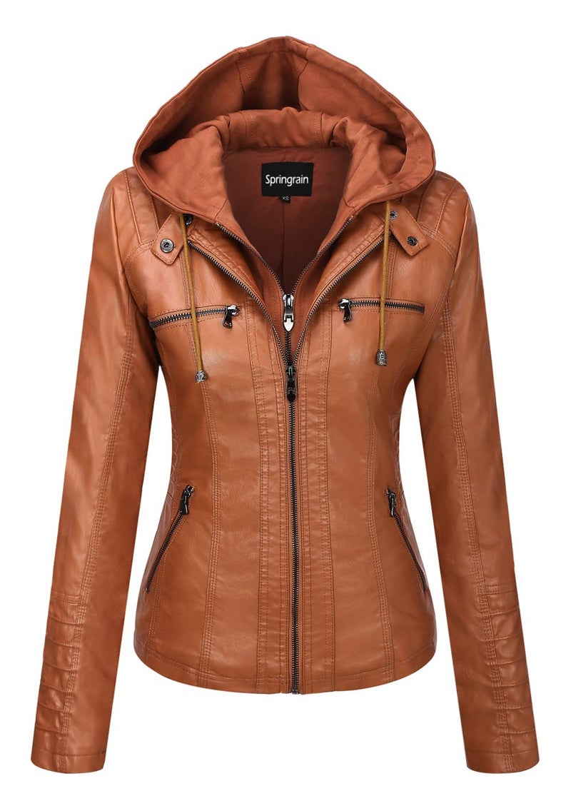 Springrain Womens Faux Leather Jacket Moto Biker Coat with Detachable Hood Motorcycle Jacket Small Brown