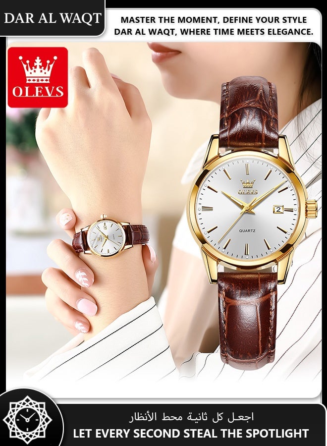 أوليفز ساعة فاخرة للنساء من OLEVS – جلد بني، علبة ذهبية، قرص أبيض، كوارتز، مقاومة للماء - Image 2