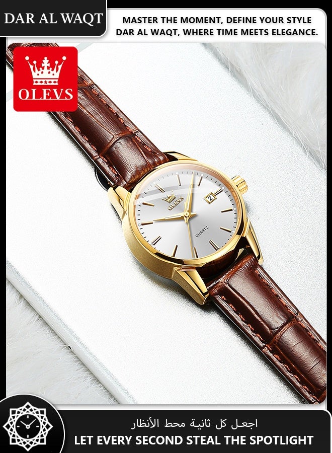 أوليفز ساعة فاخرة للنساء من OLEVS – جلد بني، علبة ذهبية، قرص أبيض، كوارتز، مقاومة للماء - Image 5