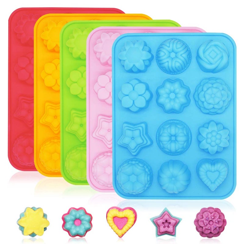 SITAKE 5 Pcs Silicone 3D Flower Shape Chocolate Candy Molds Set 12 Cavity NonStick Food Grade Baking Molds Ice Cube Trays for Wedding Festival Parties
