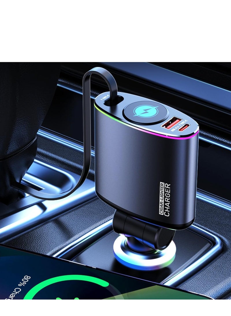 High-speed fast car charging adapter with retractable cable and USB port suitable for phones and mobile devices - Image 1