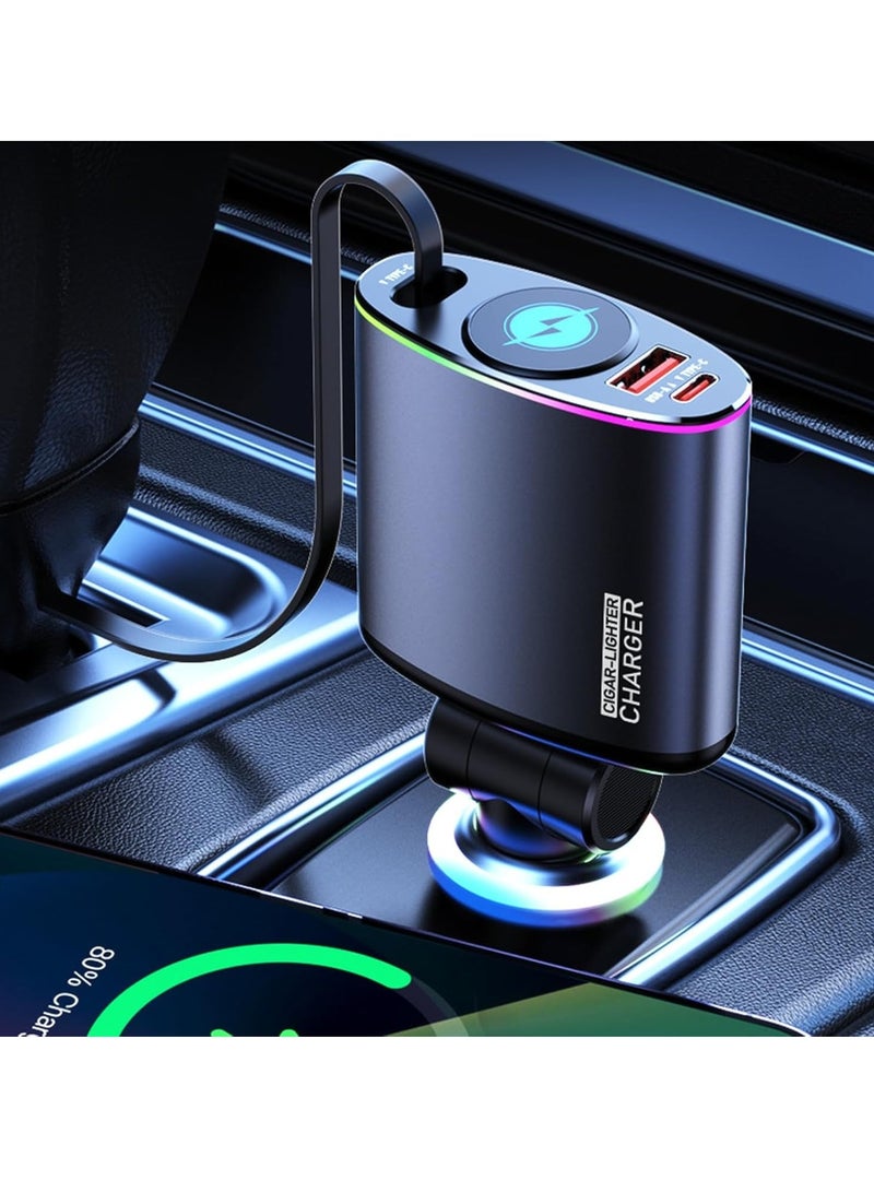 High-speed fast car charging adapter with retractable cable and USB port suitable for phones and mobile devices - Image 4