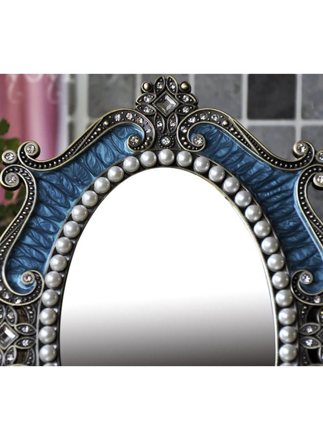 Nerien Vintage Style Pearl Oval Makeup Mirror Floral Tabletop Mirror with Back Stand Blue - Image 3