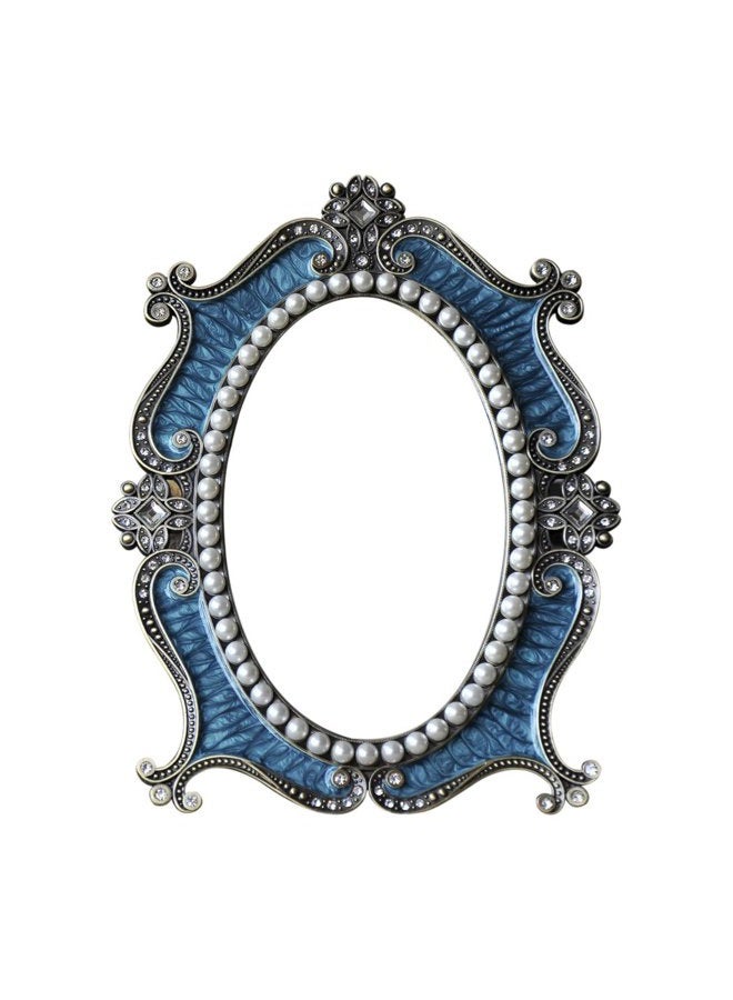 Nerien Vintage Style Pearl Oval Makeup Mirror Floral Tabletop Mirror with Back Stand Blue - Image 1