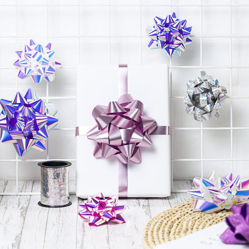 WRAPAHOLIC 14 Pcs Gift Bows Assortment - 12 Multi Colored Assorted Size Gift Bows (Purple, Pink, White, Rose Gold, Silver) and 2 Crimped Curling Ribbons, Perfect for Christmas, Holiday, Party - Image 4