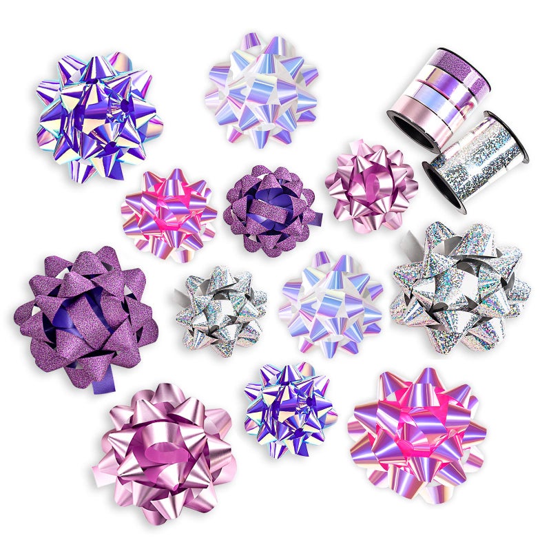 WRAPAHOLIC 14 Pcs Gift Bows Assortment - 12 Multi Colored Assorted Size Gift Bows (Purple, Pink, White, Rose Gold, Silver) and 2 Crimped Curling Ribbons, Perfect for Christmas, Holiday, Party - Image 1