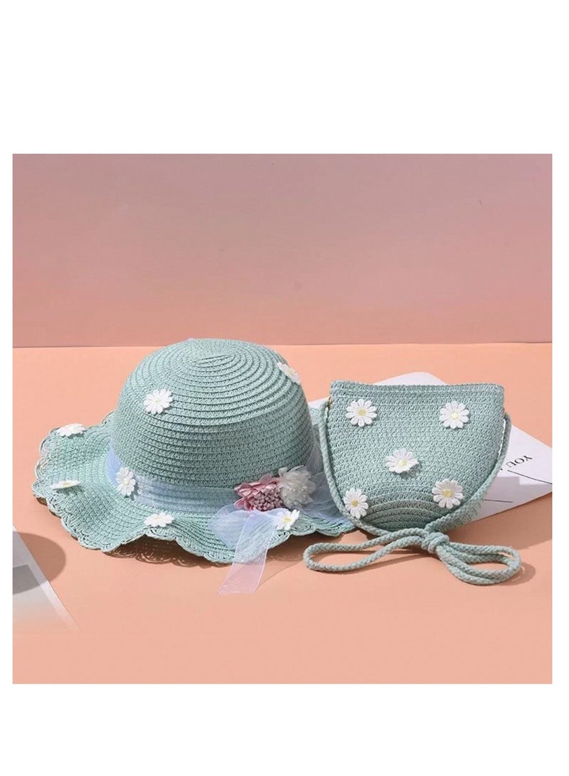 Toddler Baby Girls Wide Brim Straw Sun Hat with Shoulder Bag Set Cute Beach Cap  - Image 2