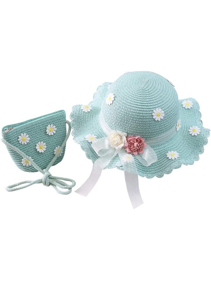 Toddler Baby Girls Wide Brim Straw Sun Hat with Shoulder Bag Set Cute Beach Cap  - Image 1