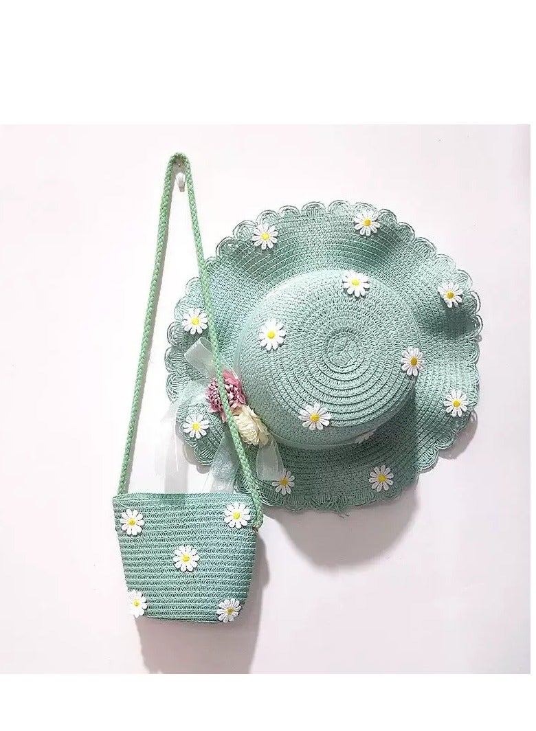 Toddler Baby Girls Wide Brim Straw Sun Hat with Shoulder Bag Set Cute Beach Cap  - Image 3