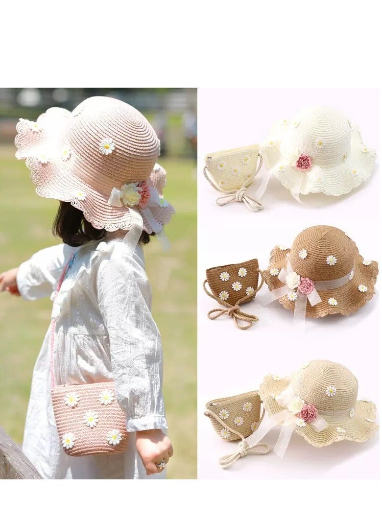 Toddler Baby Girls Wide Brim Straw Sun Hat with Shoulder Bag Set Cute Beach Cap  - Image 4