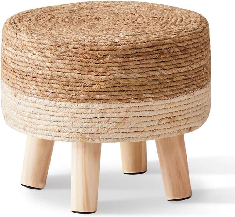 Cpintltr Foot Stool Natural Seagrass Hand Weave Poufs Round Ottoman for Couch Desk Soft Step Stool Padded Foot Rest with Non-Skid Pine Legs for Hallway Office Lounge Natural/White - Image 1