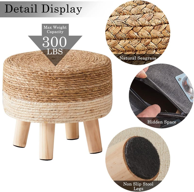 Cpintltr Foot Stool Natural Seagrass Hand Weave Poufs Round Ottoman for Couch Desk Soft Step Stool Padded Foot Rest with Non-Skid Pine Legs for Hallway Office Lounge Natural/White - Image 5