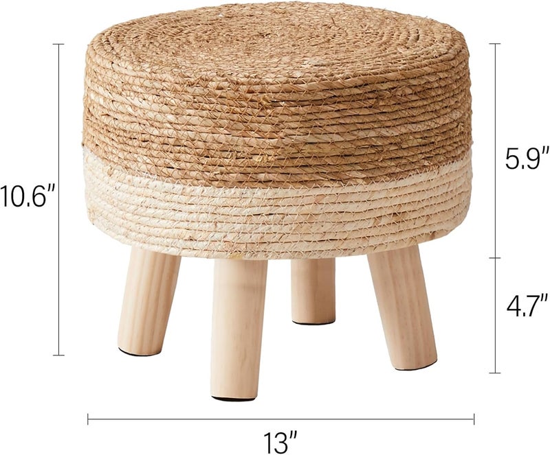 Cpintltr Foot Stool Natural Seagrass Hand Weave Poufs Round Ottoman for Couch Desk Soft Step Stool Padded Foot Rest with Non-Skid Pine Legs for Hallway Office Lounge Natural/White - Image 3