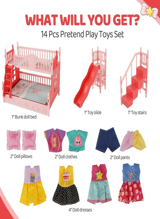 BABESIDE مجموعة سرير دمى الأطفال من بيبي سايد، 13 قطعة، مع ملابس دمى الأطفال، مناسبة للدمى من 4 إلى 6 بوصات، وأثاث سرير بطابقين مع زحليقة ألعاب، و6 مجموعات من إكسسوارات ملابس الدمى للدمى الصغيرة. - Image 3