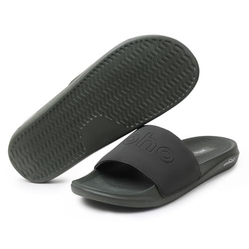 YOHO Oura Sliders for Men | Feather-Light EVA Sole | Durable PU Upper | Soft Lycra Lining | Cushioned Everyday Wear | Minimal Branding | Water-Resistant Design | Olive Green - UK 10 - Image 4