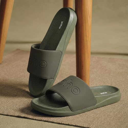 YOHO Oura Sliders for Men | Feather-Light EVA Sole | Durable PU Upper | Soft Lycra Lining | Cushioned Everyday Wear | Minimal Branding | Water-Resistant Design | Olive Green - UK 10 - Image 2