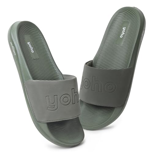YOHO Oura Sliders for Men | Feather-Light EVA Sole | Durable PU Upper | Soft Lycra Lining | Cushioned Everyday Wear | Minimal Branding | Water-Resistant Design | Olive Green - UK 10 - Image 1
