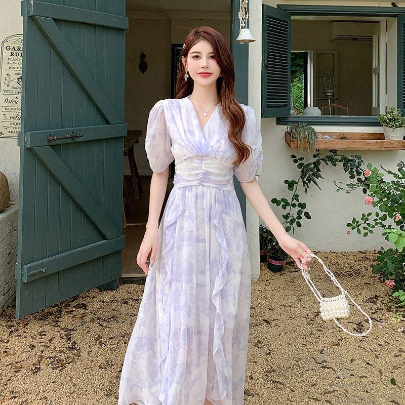 Generic Gentle Style Retro Ink Smudged Print Dress Summer Sweet Elegant  Elegant Ruffled Chiffon Fairy Dress | Best Price UAE | Dubai, Abu Dhabi