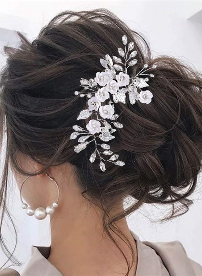 Latious Silver Flower Bride Wedding Hair Vine Crystal Bridal Hair Piece Rhinestone Hair Accessories Leaf Hair Jewelry for Women and Girls(5.5Inches) (A-Silver) - Image 1