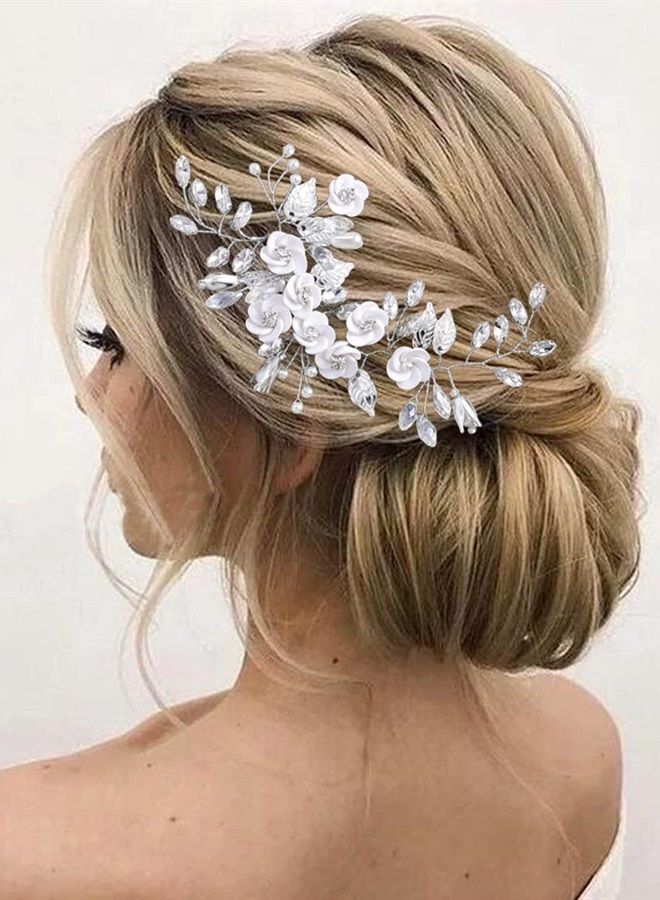 Latious Silver Flower Bride Wedding Hair Vine Crystal Bridal Hair Piece Rhinestone Hair Accessories Leaf Hair Jewelry for Women and Girls(5.5Inches) (A-Silver) - Image 4
