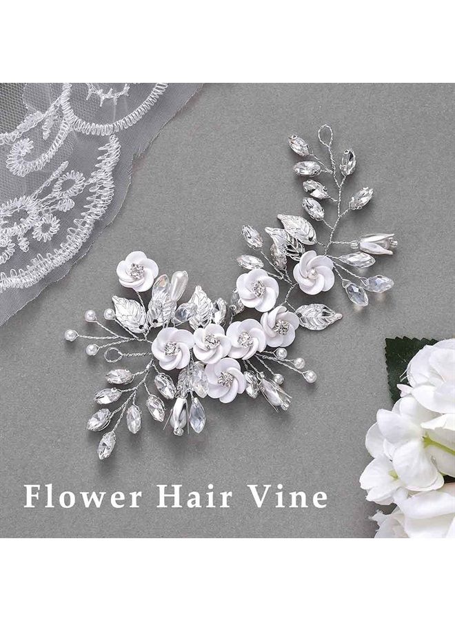 Latious Silver Flower Bride Wedding Hair Vine Crystal Bridal Hair Piece Rhinestone Hair Accessories Leaf Hair Jewelry for Women and Girls(5.5Inches) (A-Silver) - Image 2