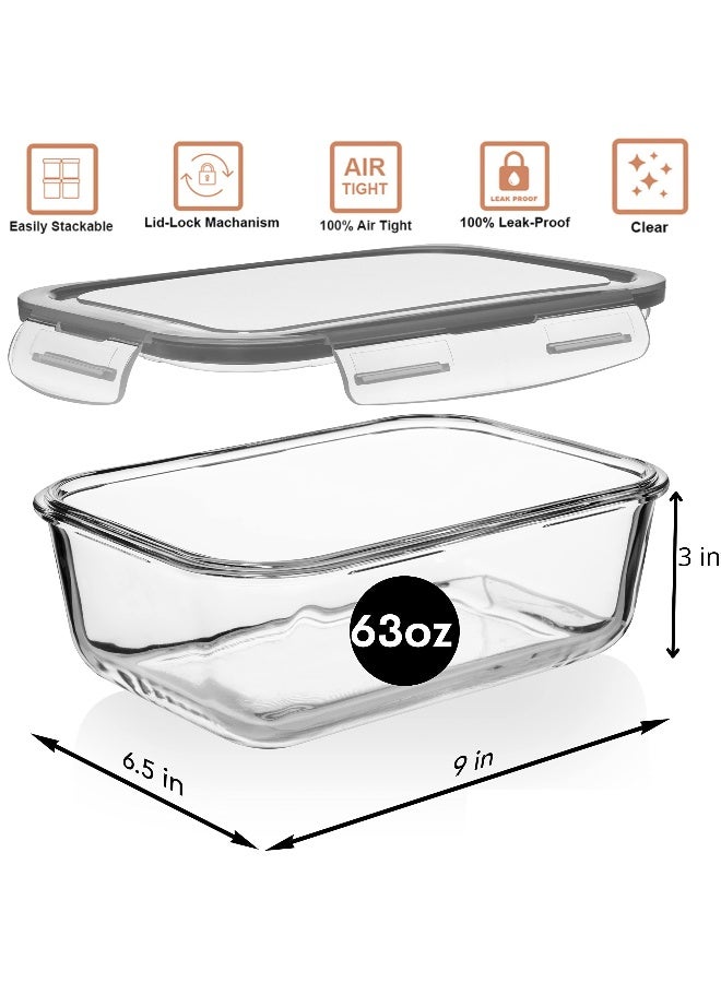 Razab 8 Cups/ 63 Oz 4 Piece (2 containers + 2 Lids) Large Glass Food Storage/ Baking Containers with Locking Lids . Ideal for Storing food, vegetables or fruits. BPA Free & Leak Proof -Microwave, Oven Safe - Image 3