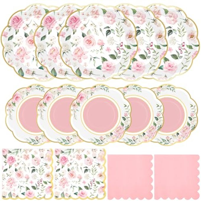 Funnymoom 200 Pcs Wild Floral Party Supplies Pink Flower Disposable Paper Dinner Dessert Plates Luncheon Napkins Beverage Napkins for Wedding Birthday Baby Shower Bridal Tea Party Serves 50 Guests