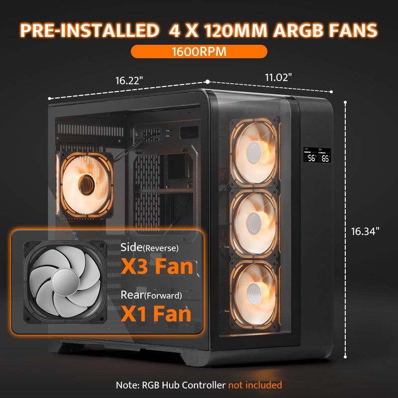 darkFlash ATX Mid-Tower PC Case with Screen, Three Side Glass, Curved Full View Dual Gaming PC Case, 4 PWM ARGB Fans Computer Case Pre-Installed, Type C, RTX 40 Compatible, Black(L280) - Image 5