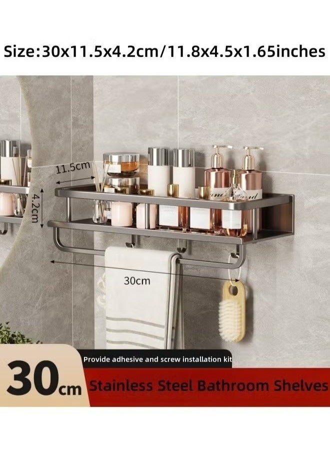 Wall Mounted Bathroom Storage Rack, No Drill Hanging Bathroom Rack with 3 Hooks and Towel Bar, Stainless Steel Rustproof Bathroom Storage Organizer, Multipurpose Storage Organizer, Suiable for Bathroom Kitchen  (Grey, 30CM) - Image 2