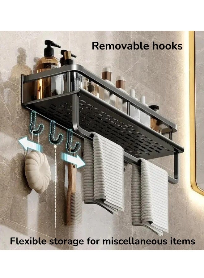 Wall Mounted Bathroom Storage Rack, No Drill Hanging Bathroom Rack with 3 Hooks and Towel Bar, Stainless Steel Rustproof Bathroom Storage Organizer, Multipurpose Storage Organizer, Suiable for Bathroom Kitchen  (Grey, 30CM) - Image 3