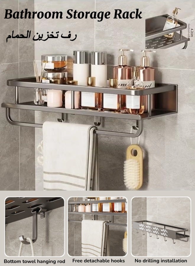 Wall Mounted Bathroom Storage Rack, No Drill Hanging Bathroom Rack with 3 Hooks and Towel Bar, Stainless Steel Rustproof Bathroom Storage Organizer, Multipurpose Storage Organizer, Suiable for Bathroom Kitchen  (Grey, 30CM) - Image 1
