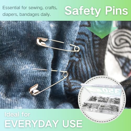 OIAOIW 350 Pack Safety Pins for Clothes 5 Assorted Sizes of Strong Heavy Duty Safety Pin Bulk for Clothing - Image 5