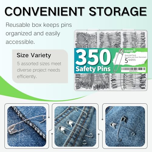 OIAOIW 350 Pack Safety Pins for Clothes 5 Assorted Sizes of Strong Heavy Duty Safety Pin Bulk for Clothing - Image 3
