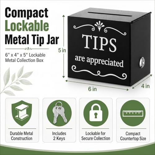 Vesici Lockable Metal Tip Jar with 2 Keys 6 x 4 x 5 Inch Donation Box Suggestion and Raffle Box for Bars Cafes Restaurants Desks and Fundraising Events - Image 3