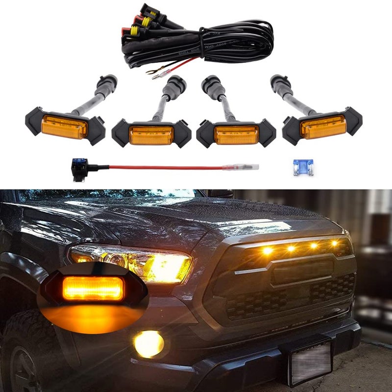 MEALAM Amber LED Lights 4PCS Front Grille Raptor Lamps Car Accessories with Harness and Fuse Compatible with 2016 2017 2018 2019 Toyotaa Tacoma TRD Pro