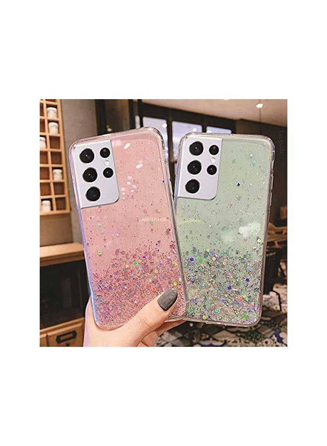 YoYoTech غطاء واقي شفاف مرن من TPU سائل ناعم مع لمسة من اللمعان للنساء والفتيات مصمم لهاتف سامسونج جالاكسي S21 ألترا (وردي) - Image 4
